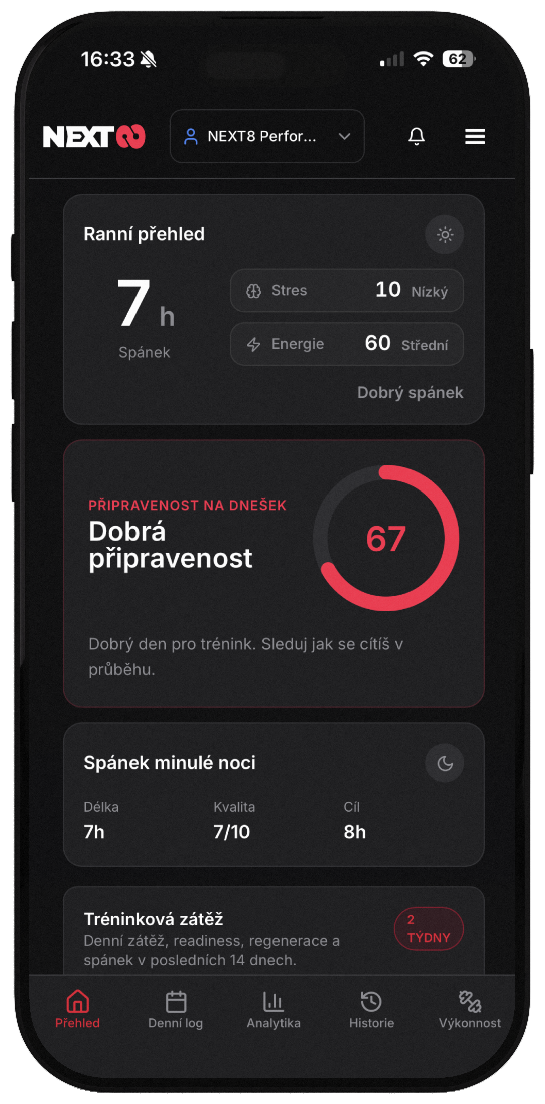 Aplikace NEXT8 — Ranní přehled, připravenost a spánek