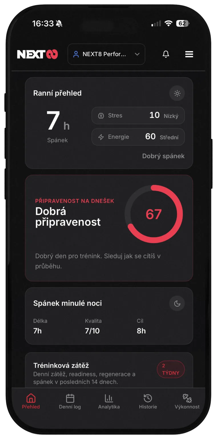 Aplikace NEXT8 — Morning overview, připravenost a spánek